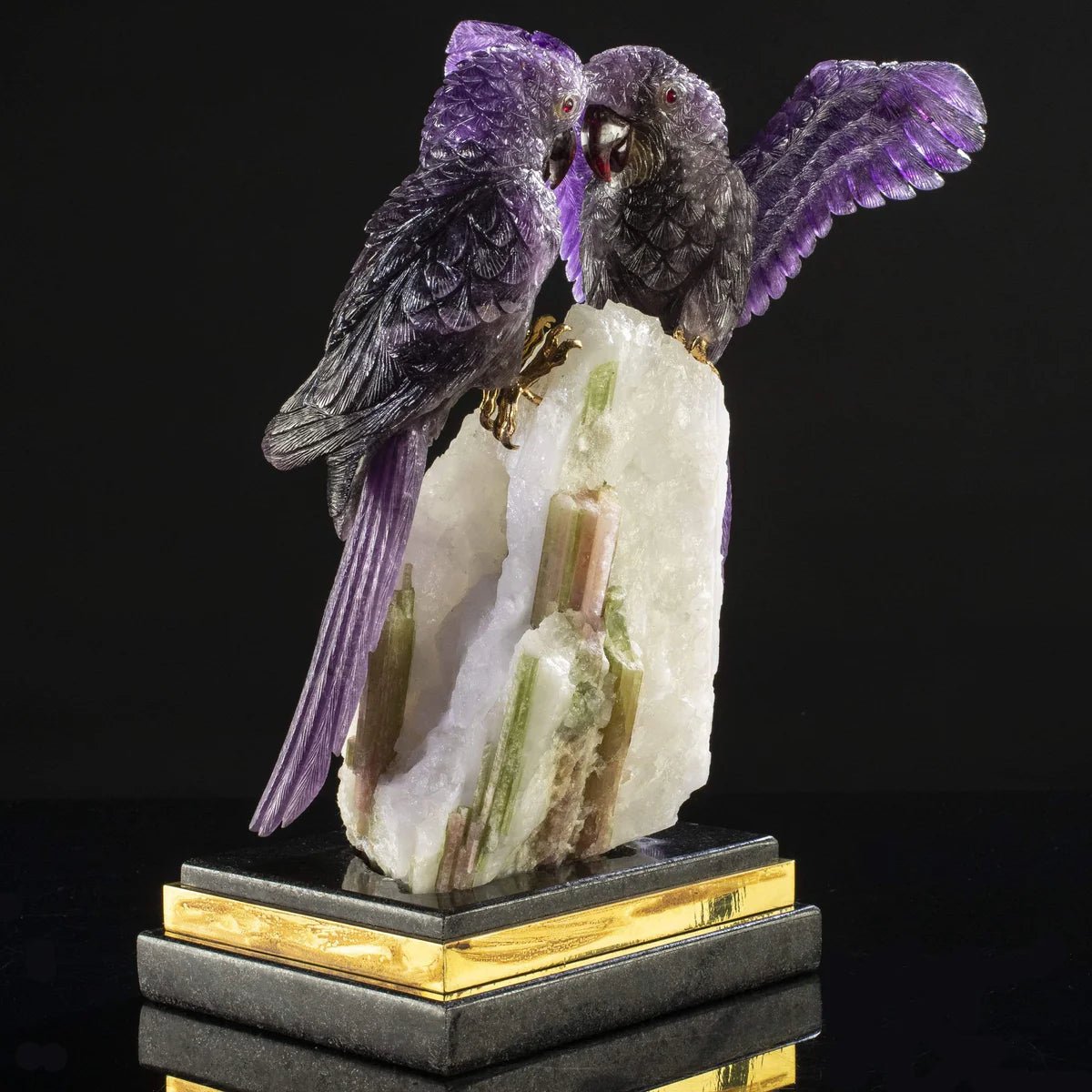 Peter Muller Amethyst Macaw Couple Love Birds Carving on Watermelon Tourmaline Base - Xformerz