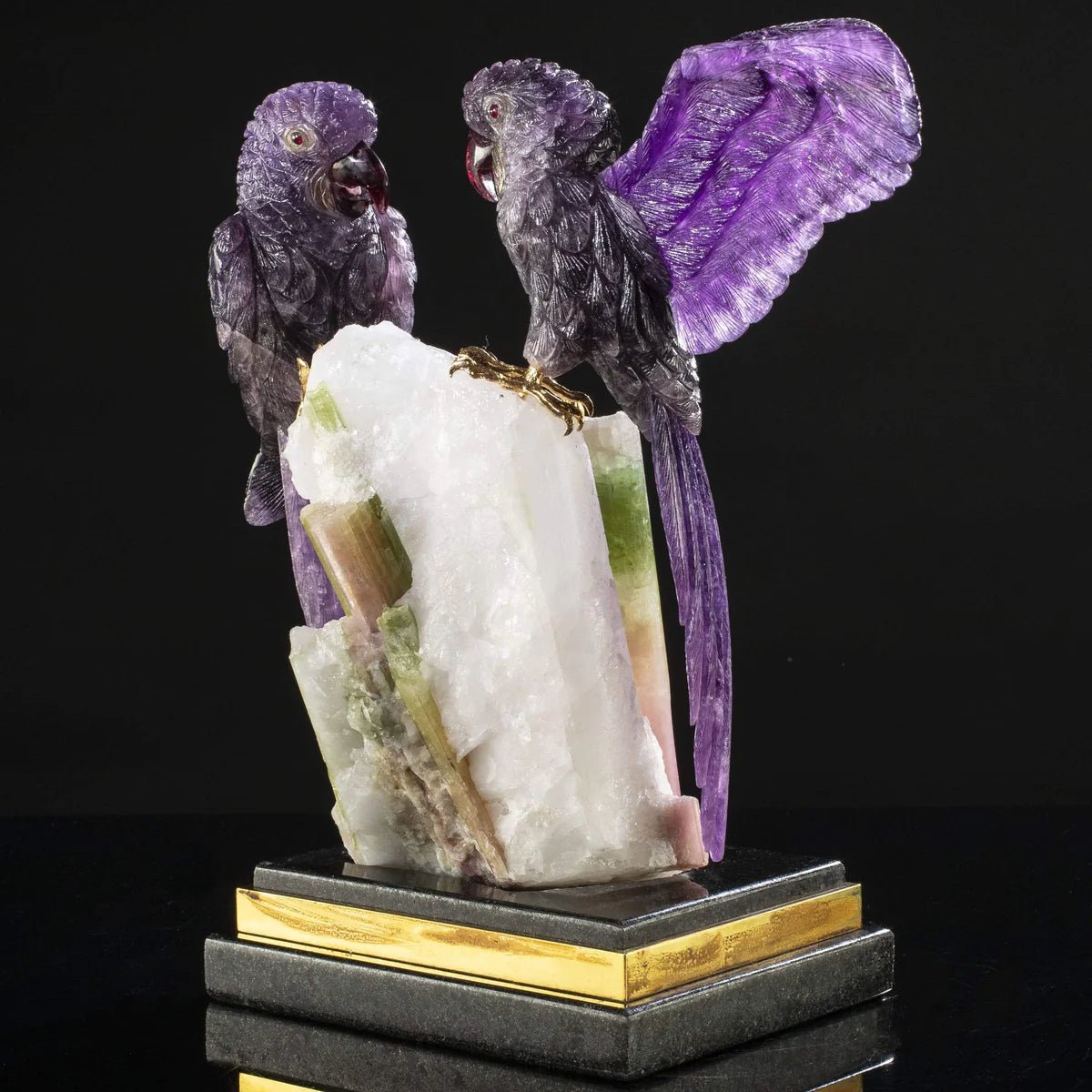 Peter Muller Amethyst Macaw Couple Love Birds Carving on Watermelon Tourmaline Base - Xformerz