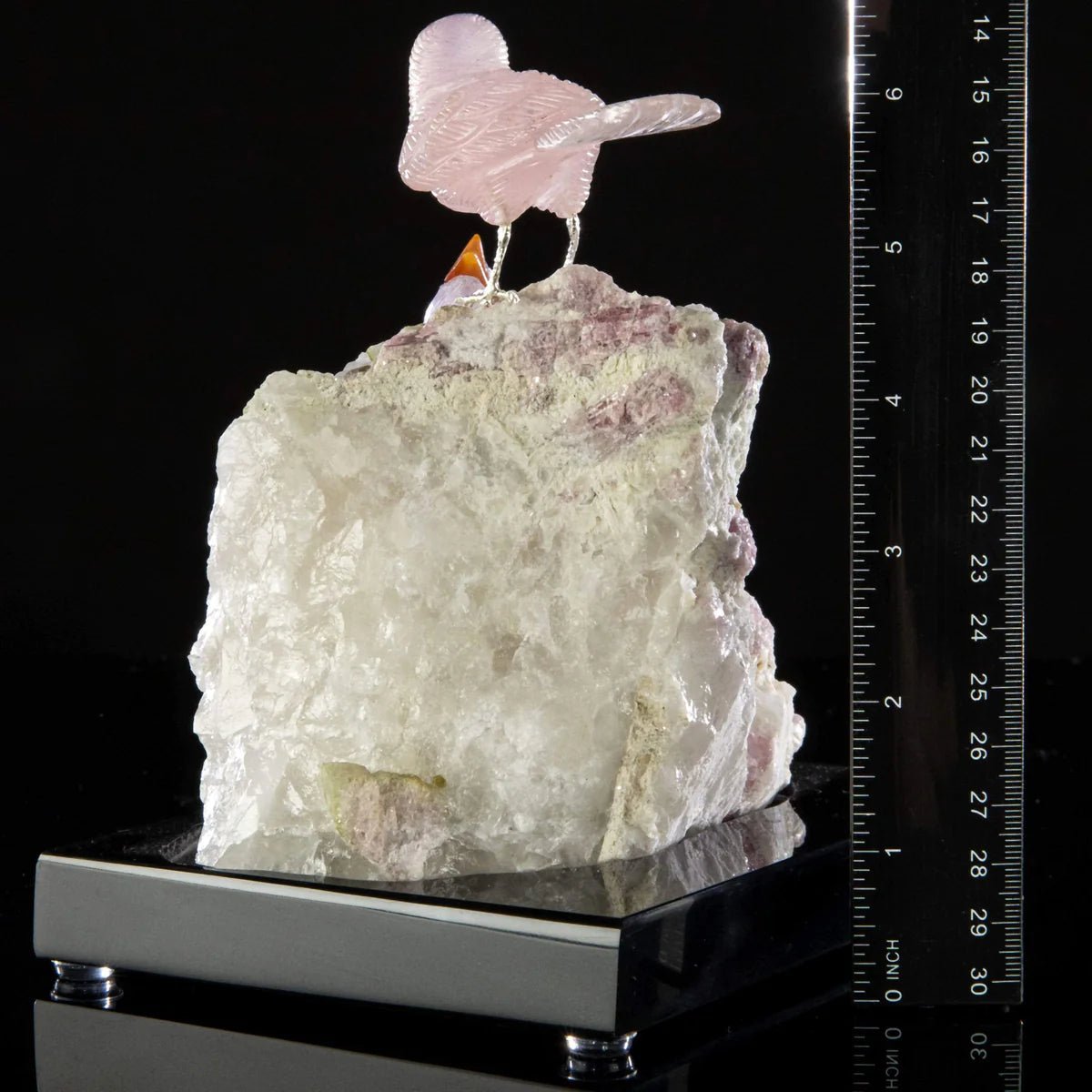 Peter Muller Amethyst & Rose Quartz Sparrow Couple Love Birds Carving on Calcite & Watermelon Tourmaline Base - Xformerz