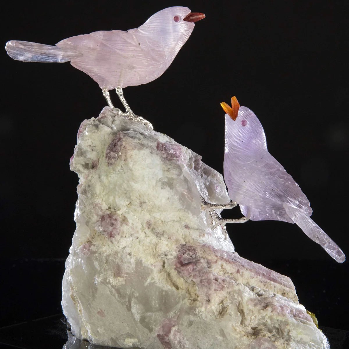 Peter Muller Amethyst &amp; Rose Quartz Sparrow Couple Love Birds Carving on Calcite &amp; Watermelon Tourmaline Base - Xformerz