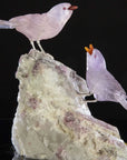 Peter Muller Amethyst & Rose Quartz Sparrow Couple Love Birds Carving on Calcite & Watermelon Tourmaline Base - Xformerz