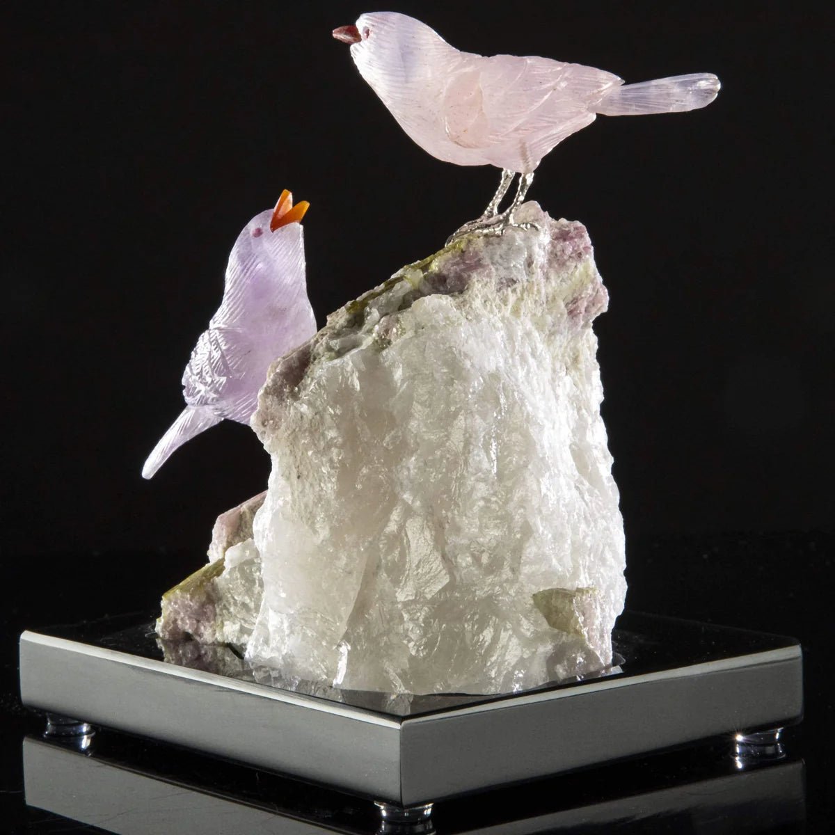 Peter Muller Amethyst & Rose Quartz Sparrow Couple Love Birds Carving on Calcite & Watermelon Tourmaline Base - Xformerz