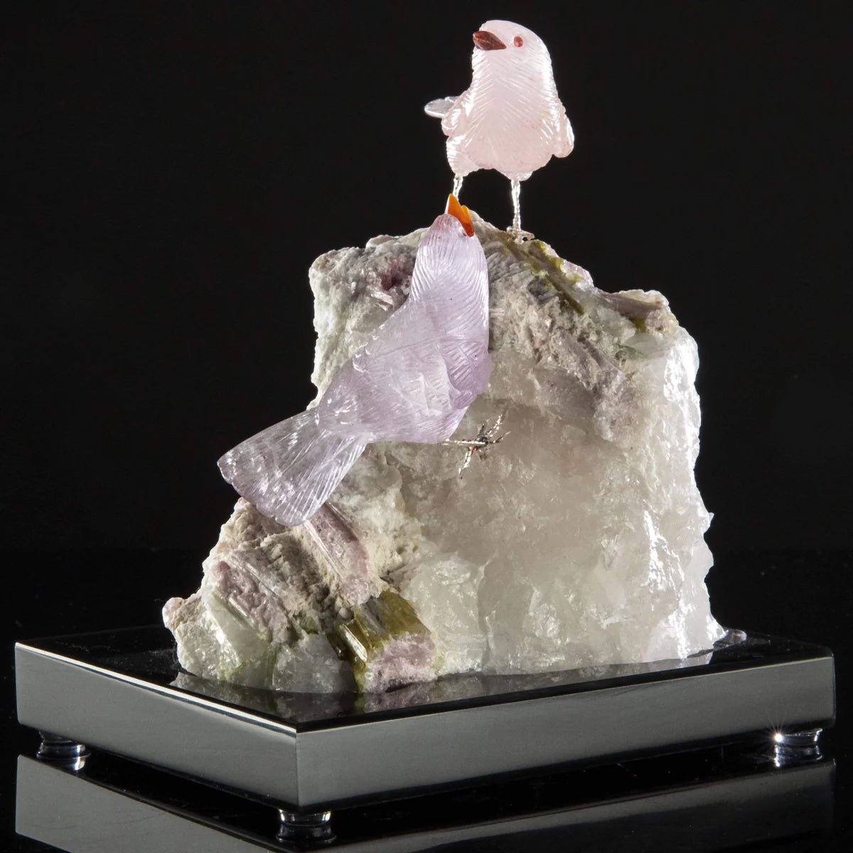 Peter Muller Amethyst & Rose Quartz Sparrow Couple Love Birds Carving on Calcite & Watermelon Tourmaline Base - Xformerz