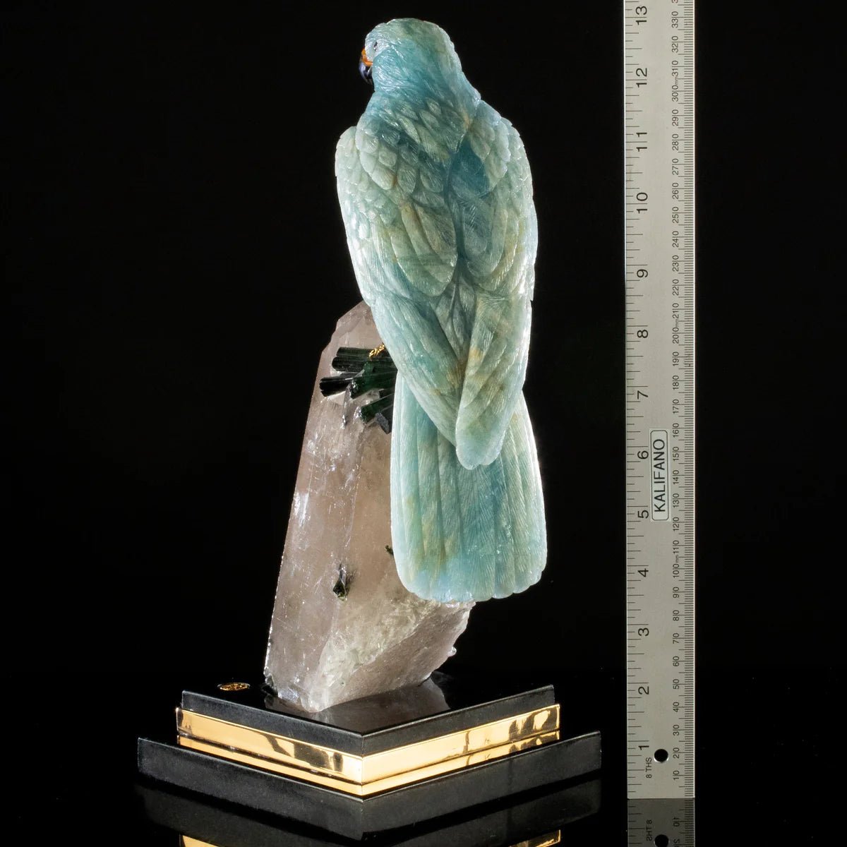 Peter Muller Aquamarine Falcon Love Birds Carving on Quartz and Tourmaline Base - Xformerz