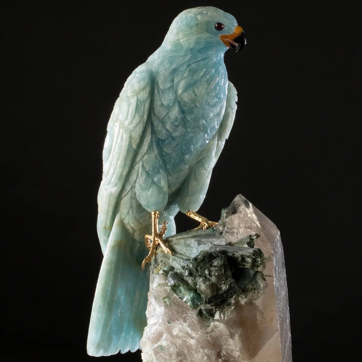 Peter Muller Aquamarine Falcon Love Birds Carving on Quartz and Tourmaline Base - Xformerz