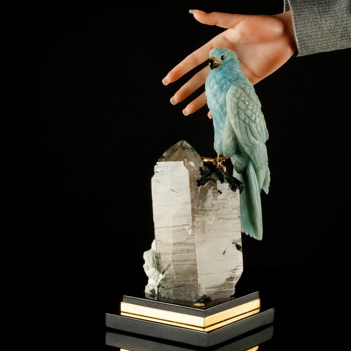 Peter Muller Aquamarine Falcon Love Birds Carving on Quartz and Tourmaline Base - Xformerz