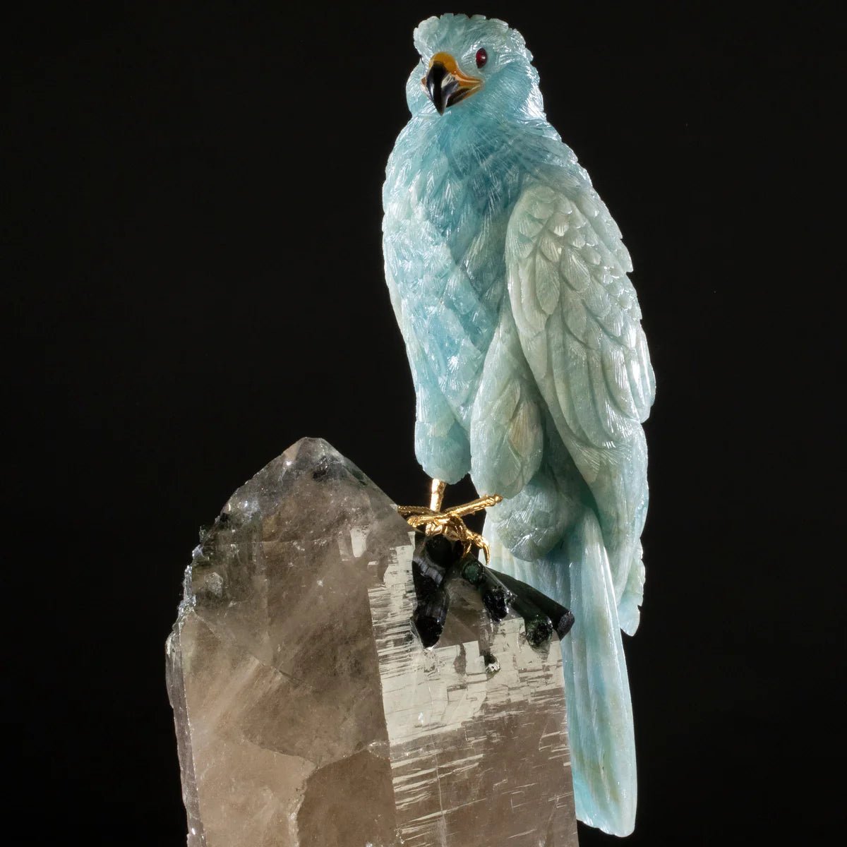 Peter Muller Aquamarine Falcon Love Birds Carving on Quartz and Tourmaline Base - Xformerz