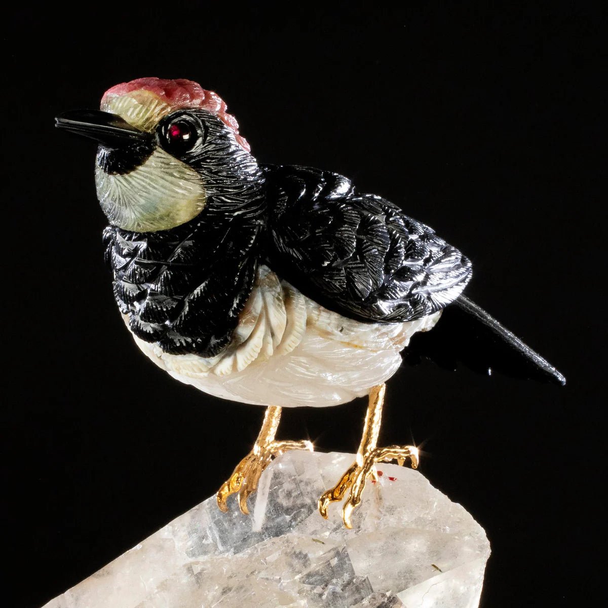 Peter Muller Obsidian, Ocean Jasper, Rhodochrosite, & Yellow Quartz Acorn Woodpecker Love Bird Carving on Quartz Cluster & Tourmaline Base - Xformerz