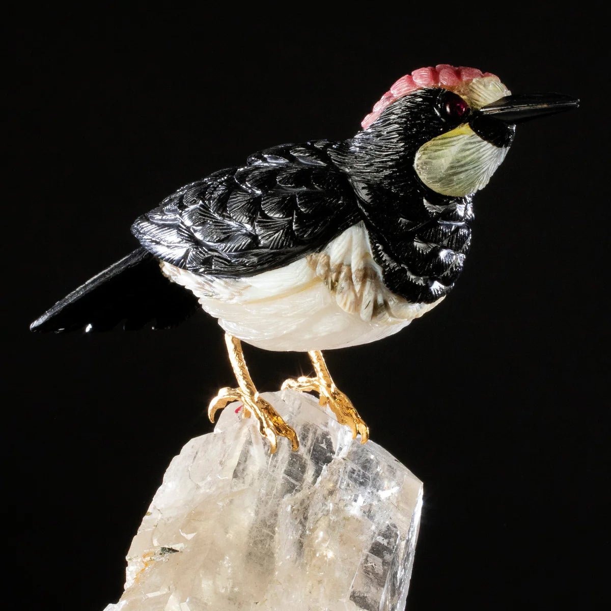 Peter Muller Obsidian, Ocean Jasper, Rhodochrosite, & Yellow Quartz Acorn Woodpecker Love Bird Carving on Quartz Cluster & Tourmaline Base - Xformerz