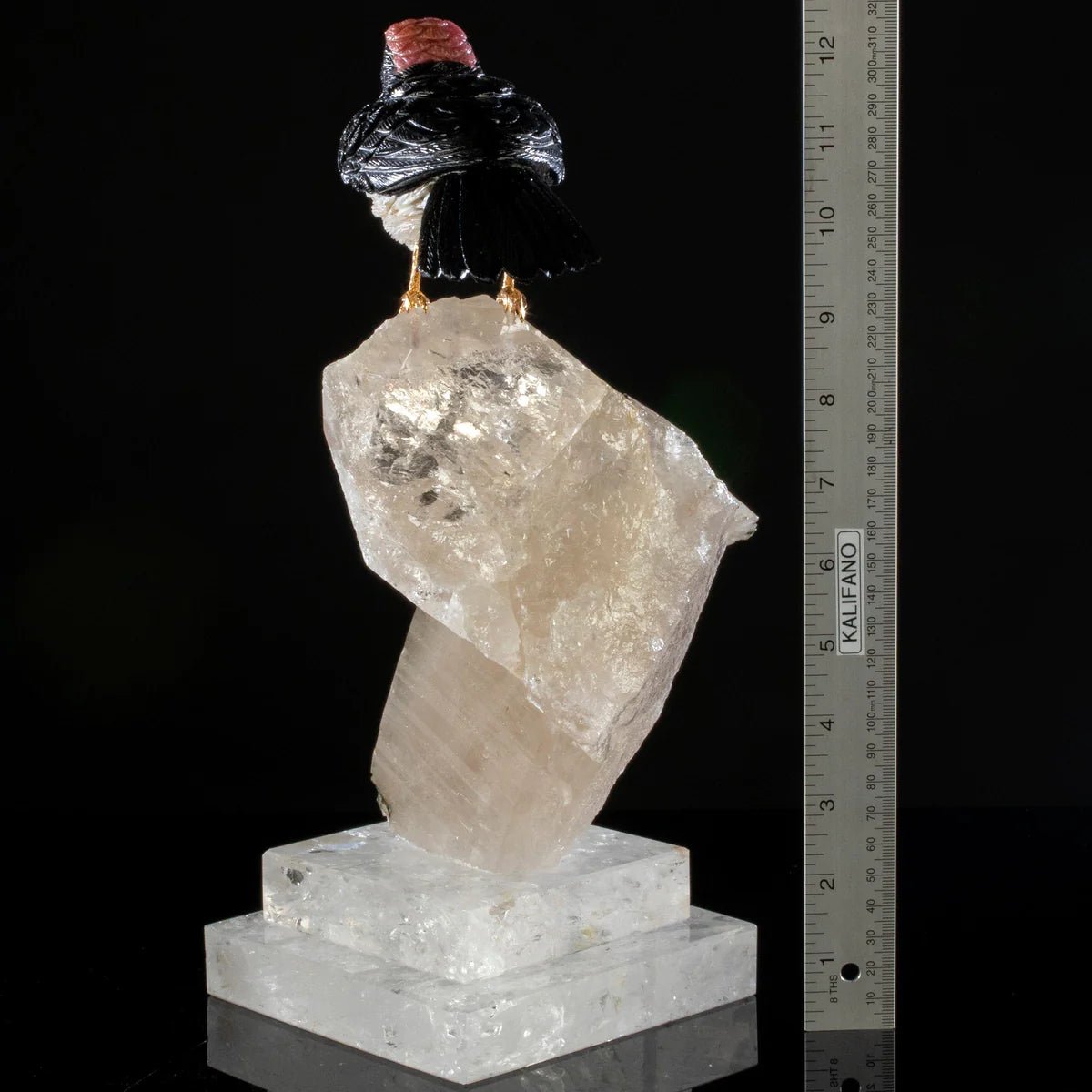 Peter Muller Obsidian, Ocean Jasper, Rhodochrosite, & Yellow Quartz Acorn Woodpecker Love Bird Carving on Quartz Cluster & Tourmaline Base - Xformerz