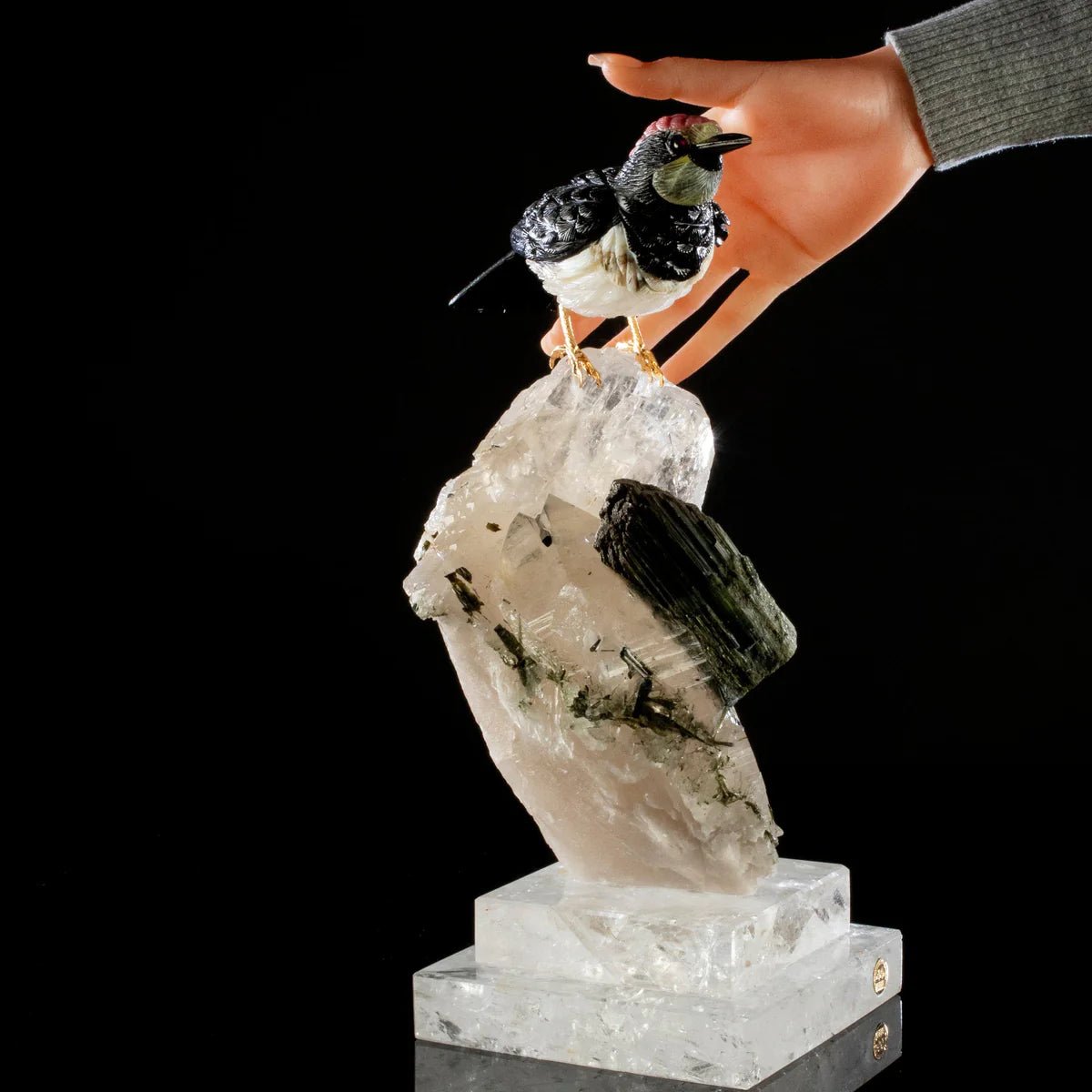 Peter Muller Obsidian, Ocean Jasper, Rhodochrosite, & Yellow Quartz Acorn Woodpecker Love Bird Carving on Quartz Cluster & Tourmaline Base - Xformerz