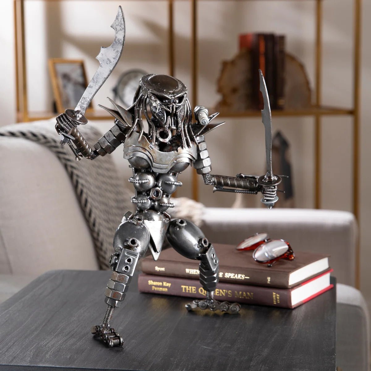 Predator with Dual Wielded Sword Inspired Recycled Metal Sculpture - Xformerz