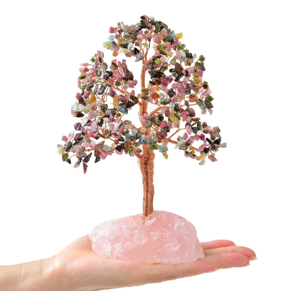 Tourmaline Tree of Life on Rose Quartz Base with 414 Natural Gemstones - Xformerz